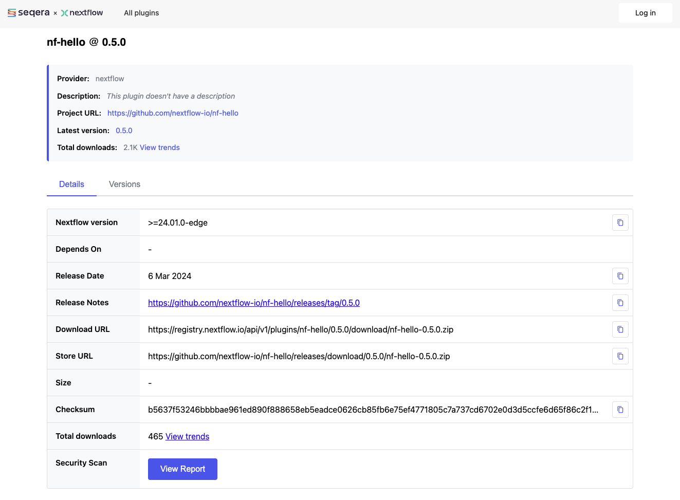 La pagina del plugin nf-hello su registry.nextflow.io