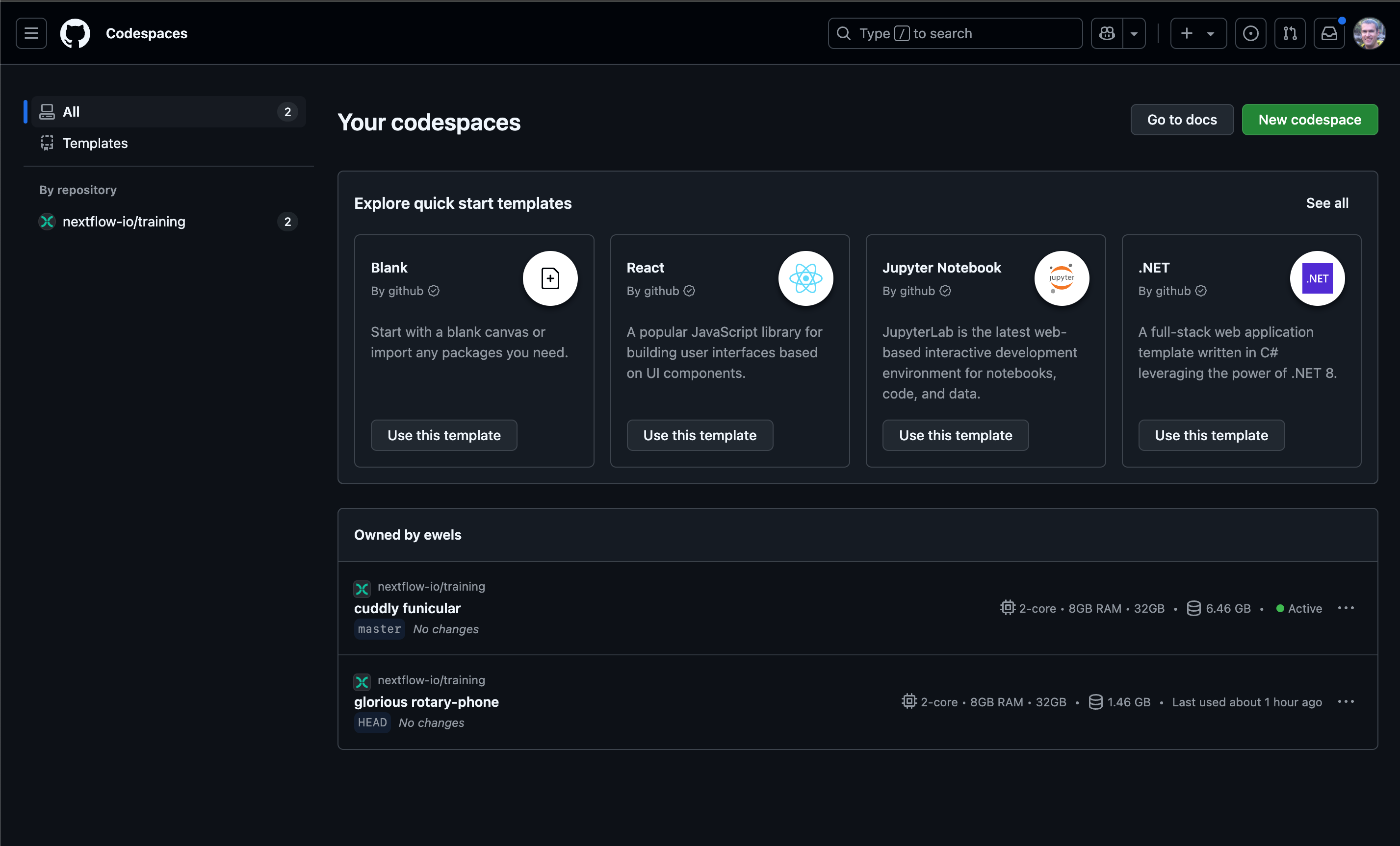GitHub Codespace 세션 목록